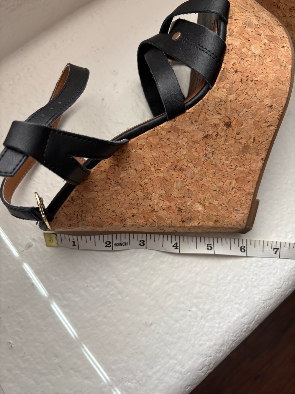 De Blossom Collection 6 inch Black Strappy Wedge Sandals size 8 but fit like 7.5